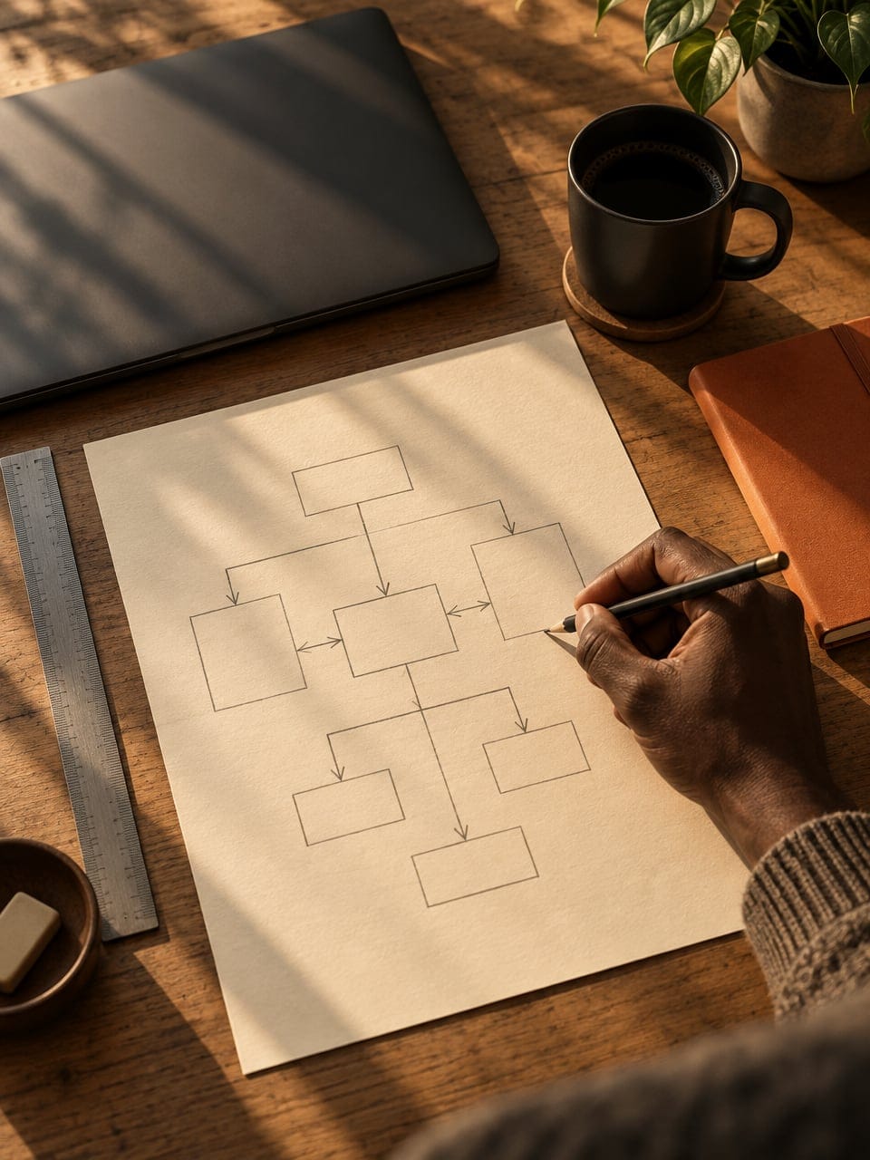 A hand sketching a system of connected boxes with a pencil, beside a closed laptop and a coffee.