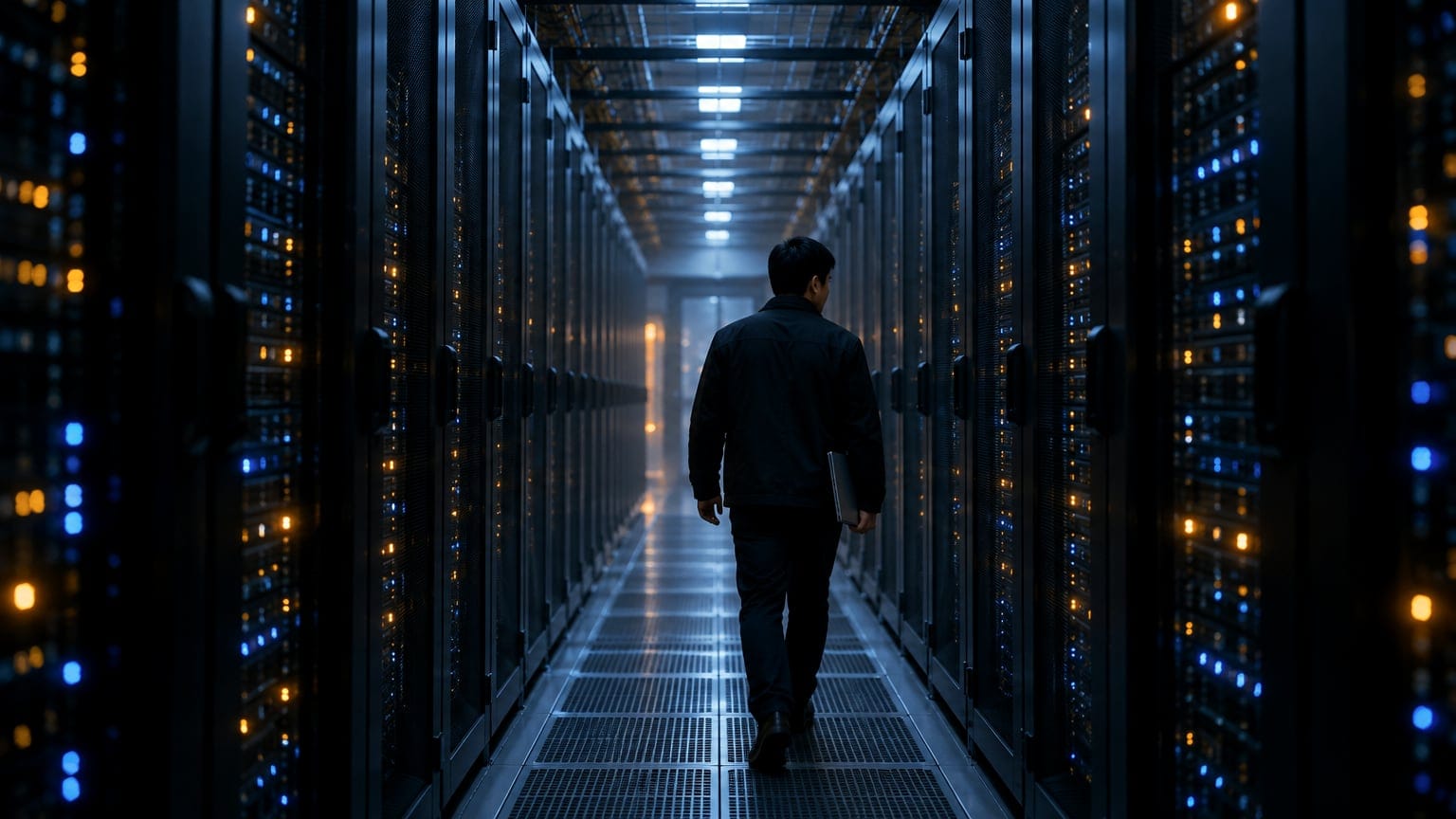 An engineer walking down a data-centre aisle between rows of server racks.