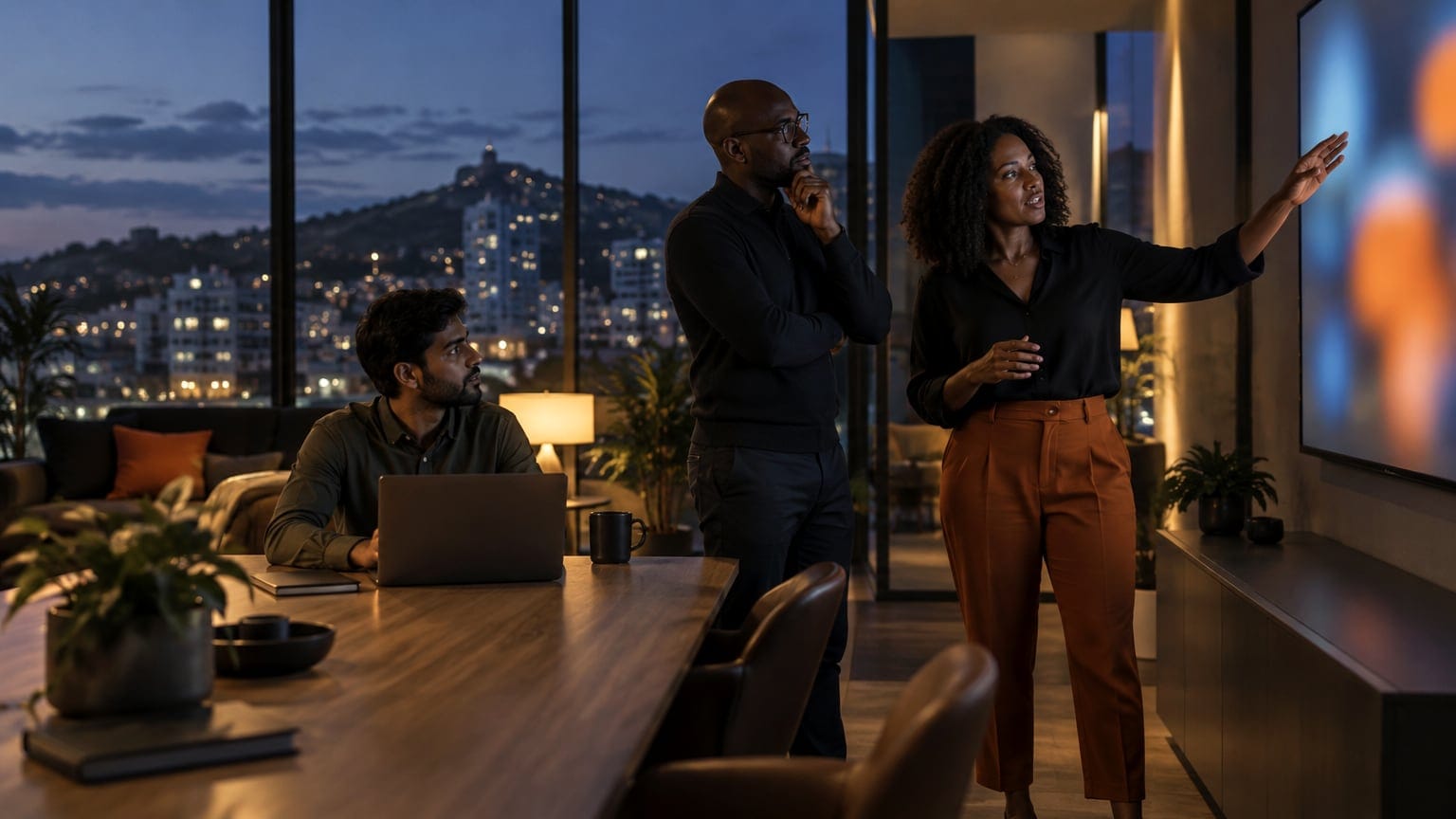 Three engineers at dusk in a glass-walled studio above a hillside city, one pointing at a large display while the others look on.