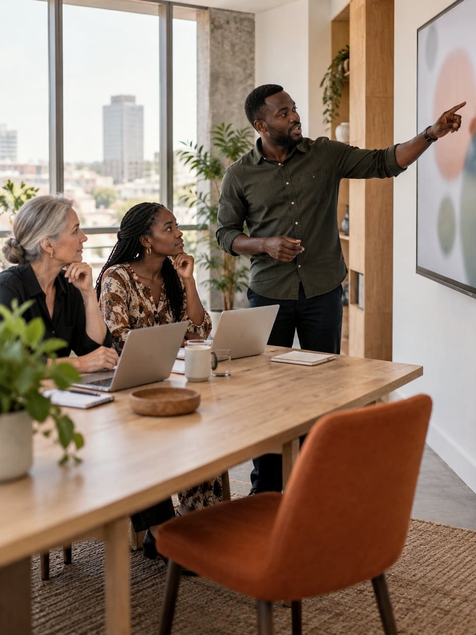 A product review: one colleague points at a wall display while two others follow from a table with laptops.
