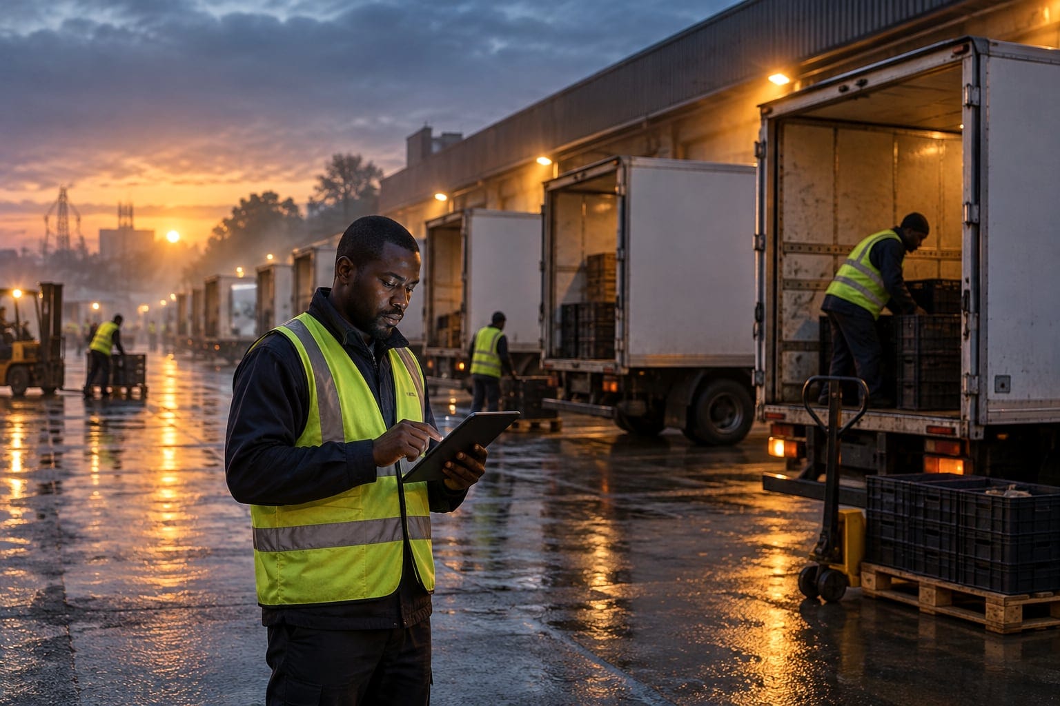 A dispatcher with a tablet at a distribution depot at dawn, delivery trucks at the loading bays.
