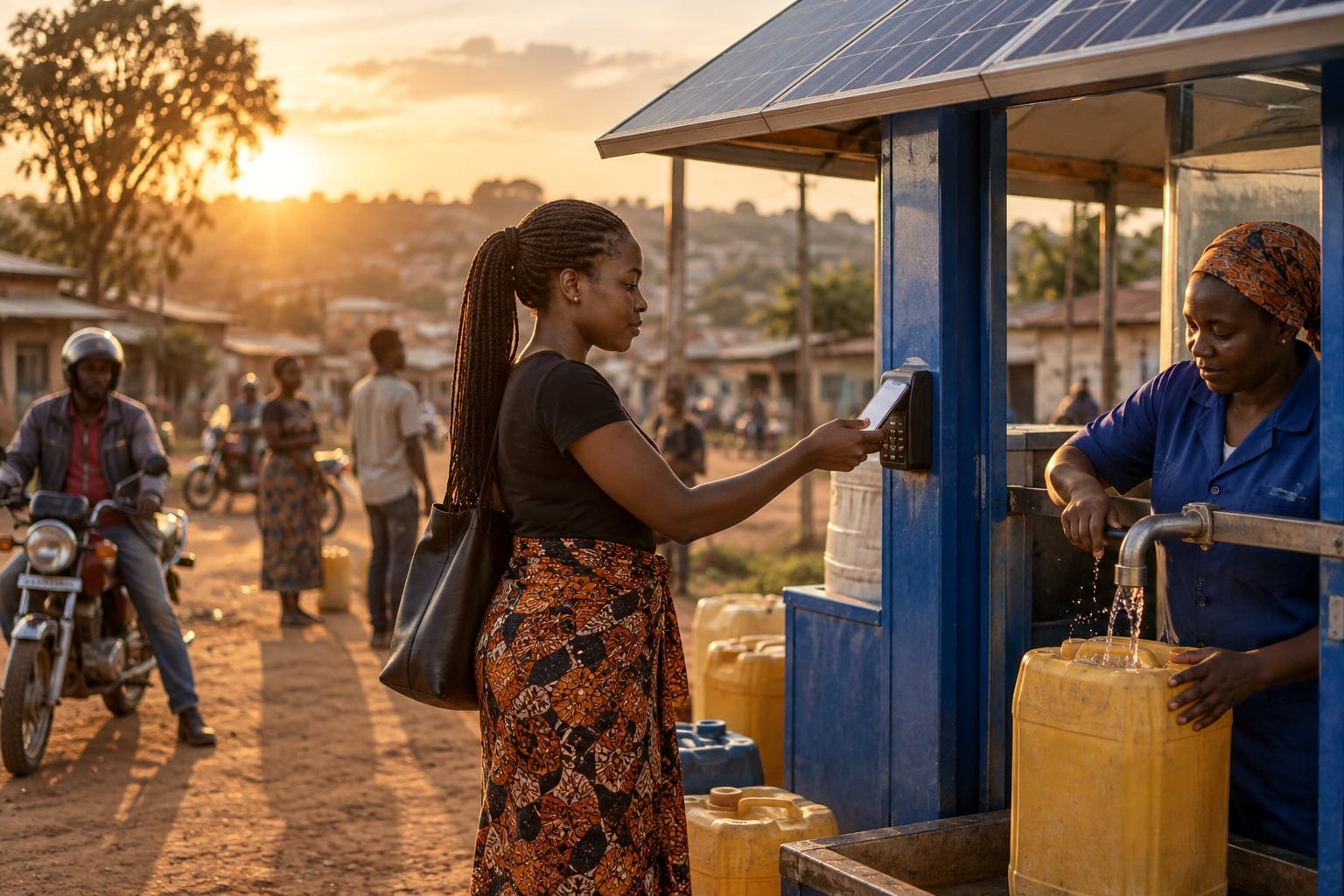 A woman pays for water with her phone at a solar-powered kiosk while the attendant fills her container.