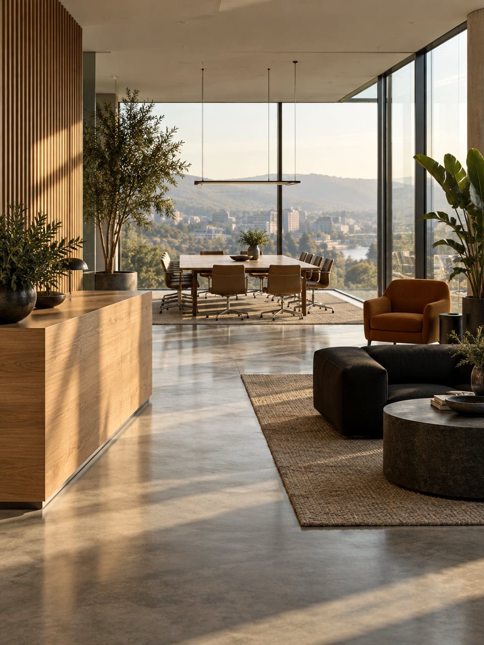 A quiet, daylit office entrance with an oak reception desk, plants and a view over green hills.