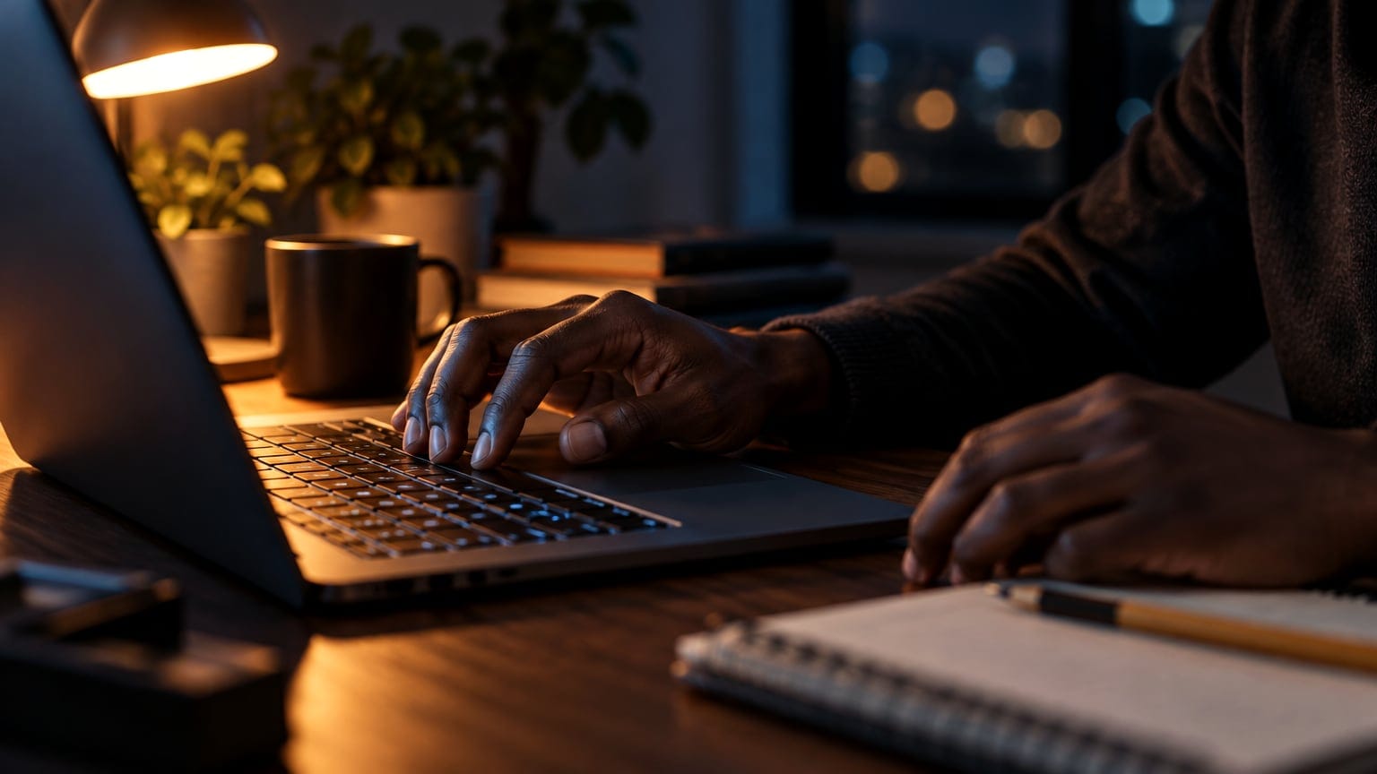 Hands typing on a laptop under a desk lamp at night.