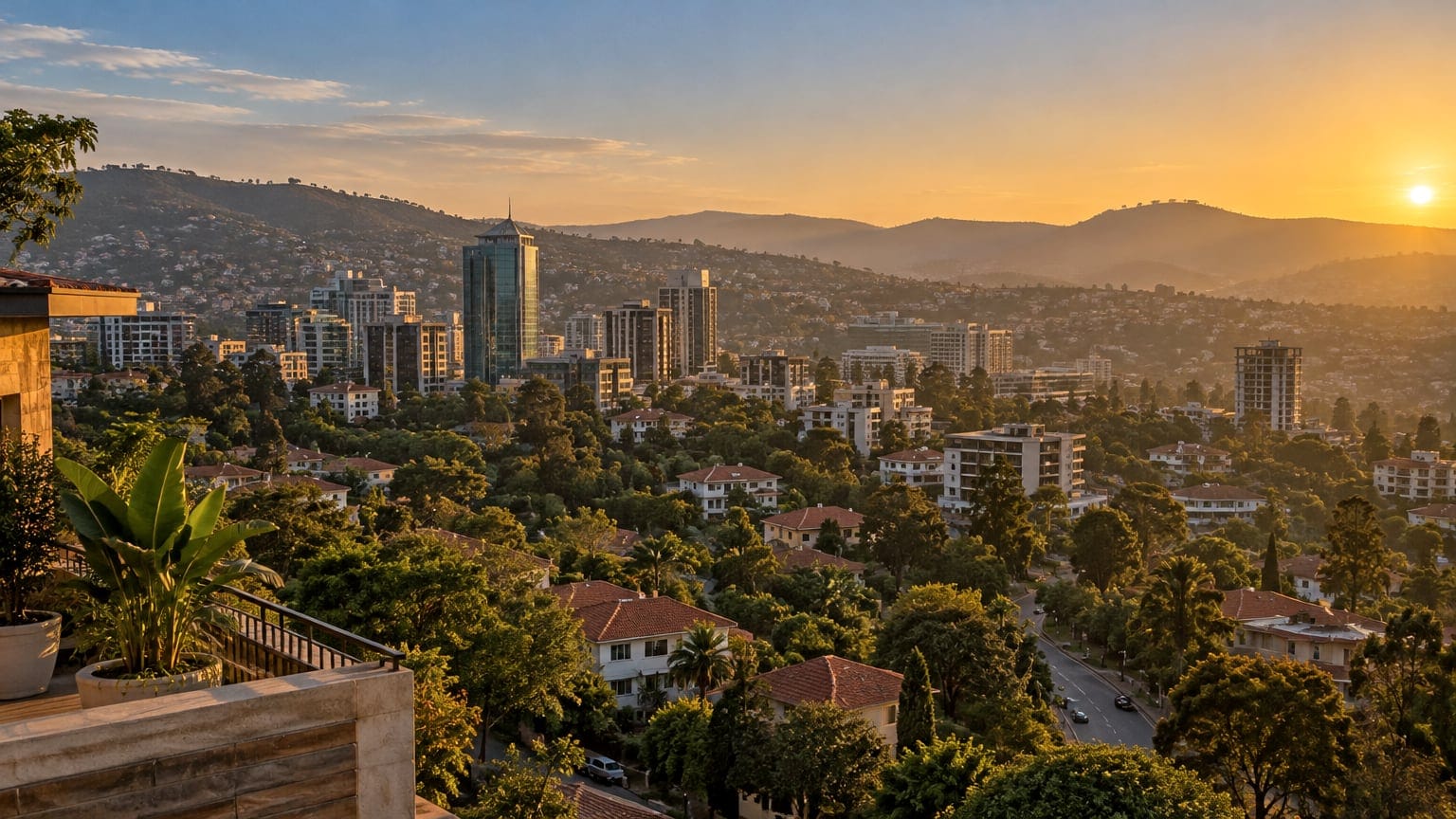 A hillside city at golden hour, seen from a terrace.