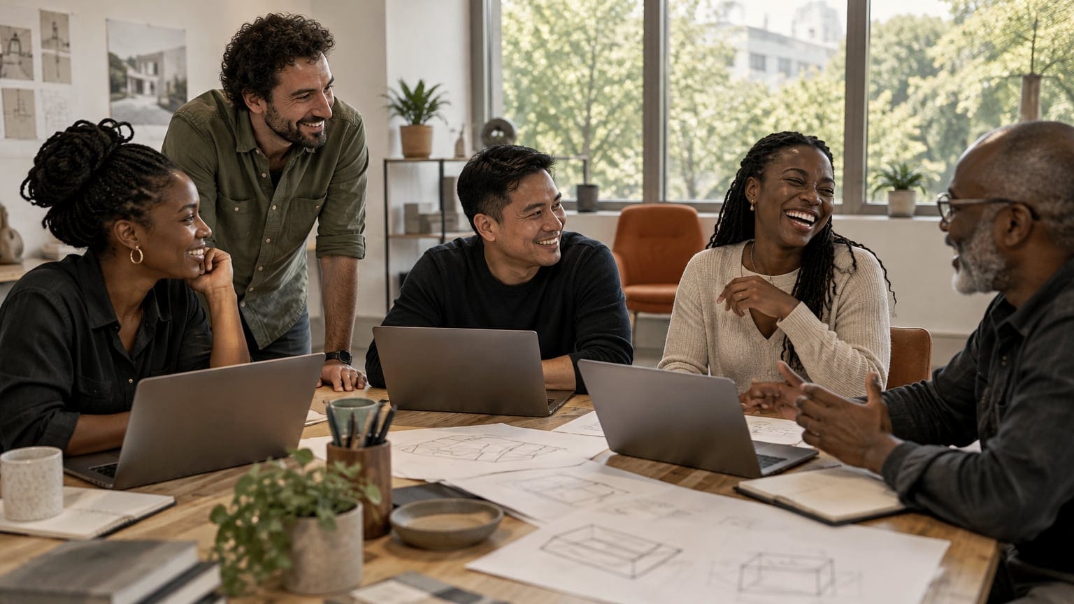 Five colleagues laughing together around a table with laptops and sketches in a bright studio.